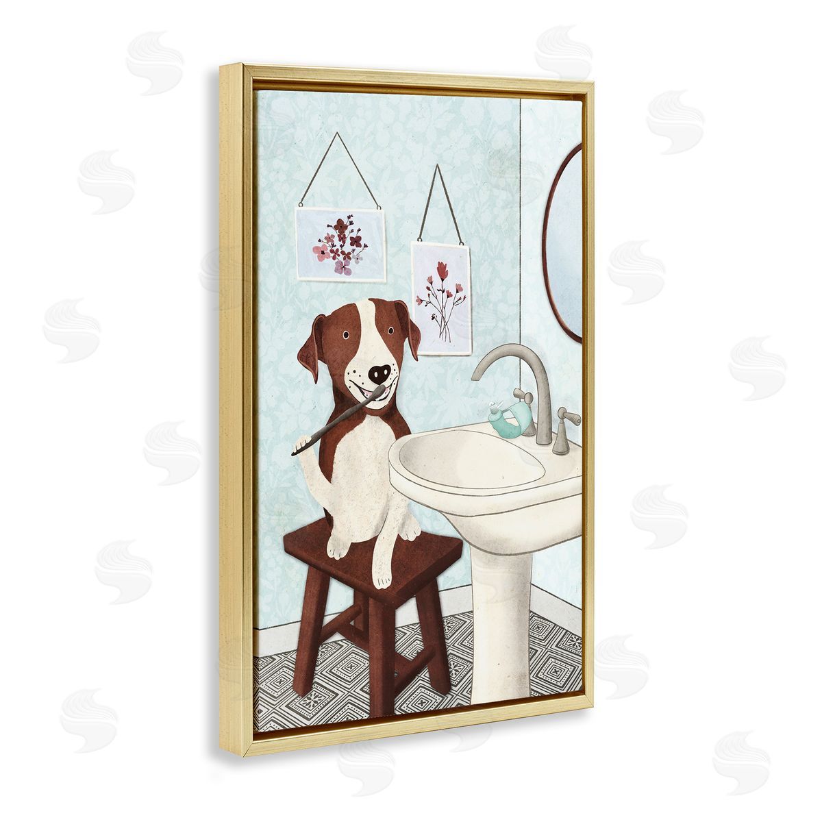 Dog Brushing Teeth Gold Floating Frame Canvas Wall Art, Home Decor by JJ Design House, LLC.