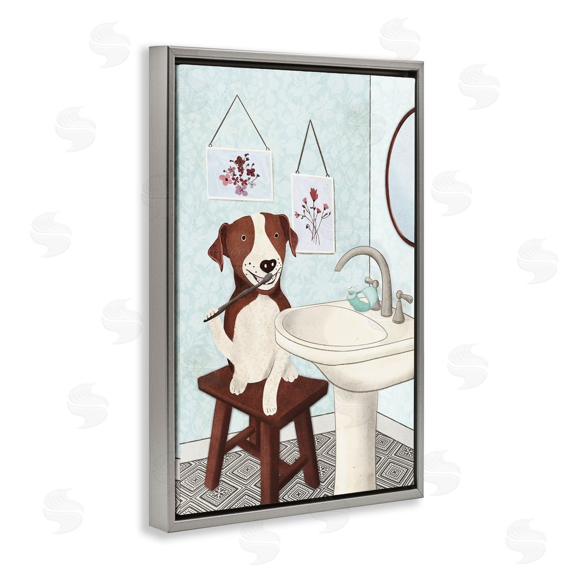 Dog Brushing Teeth Grey Floating Frame Canvas Wall Art, Home Decor by JJ Design House, LLC.
