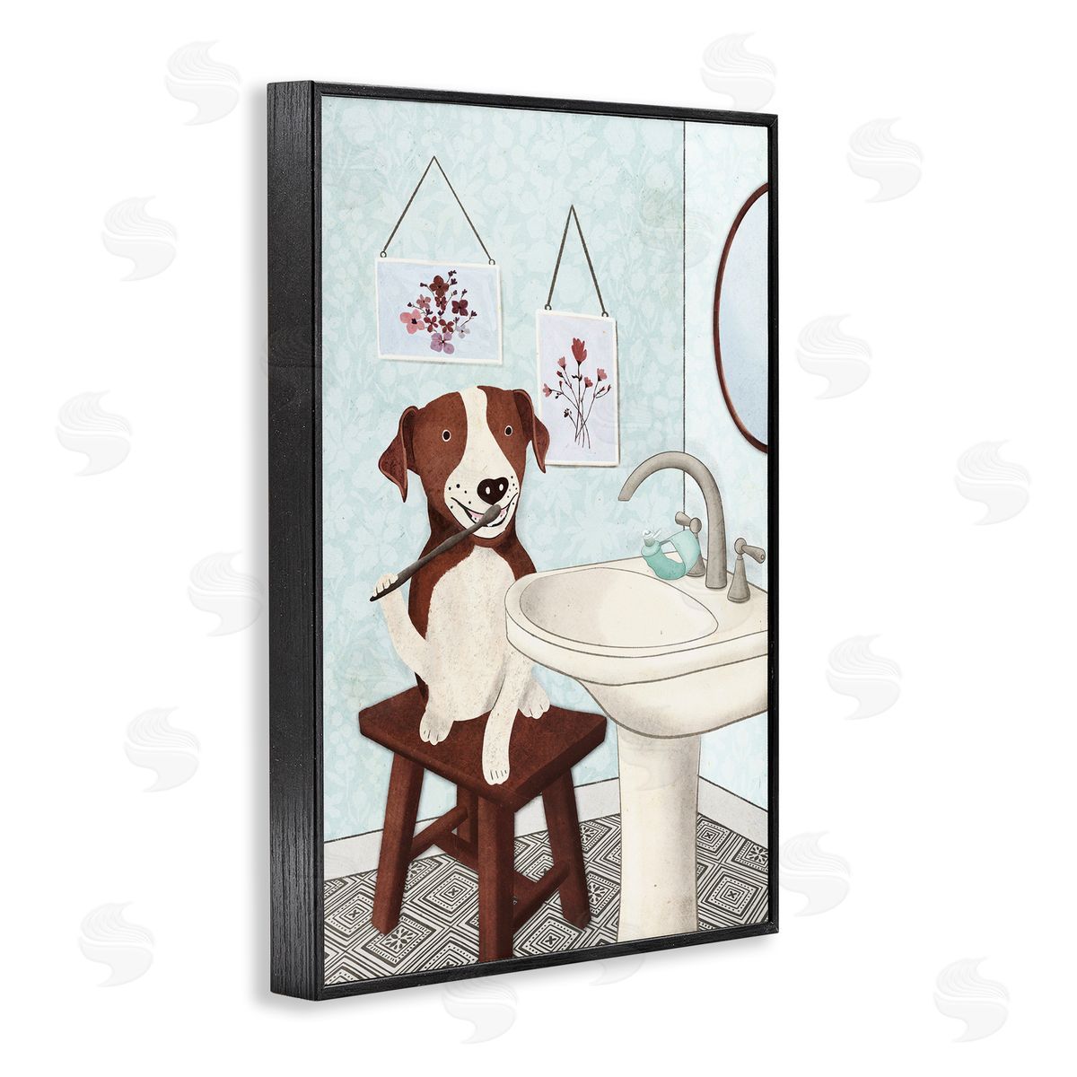 Dog Brushing Teeth Black Frame Print Wall Art, Home Decor by JJ Design House, LLC.