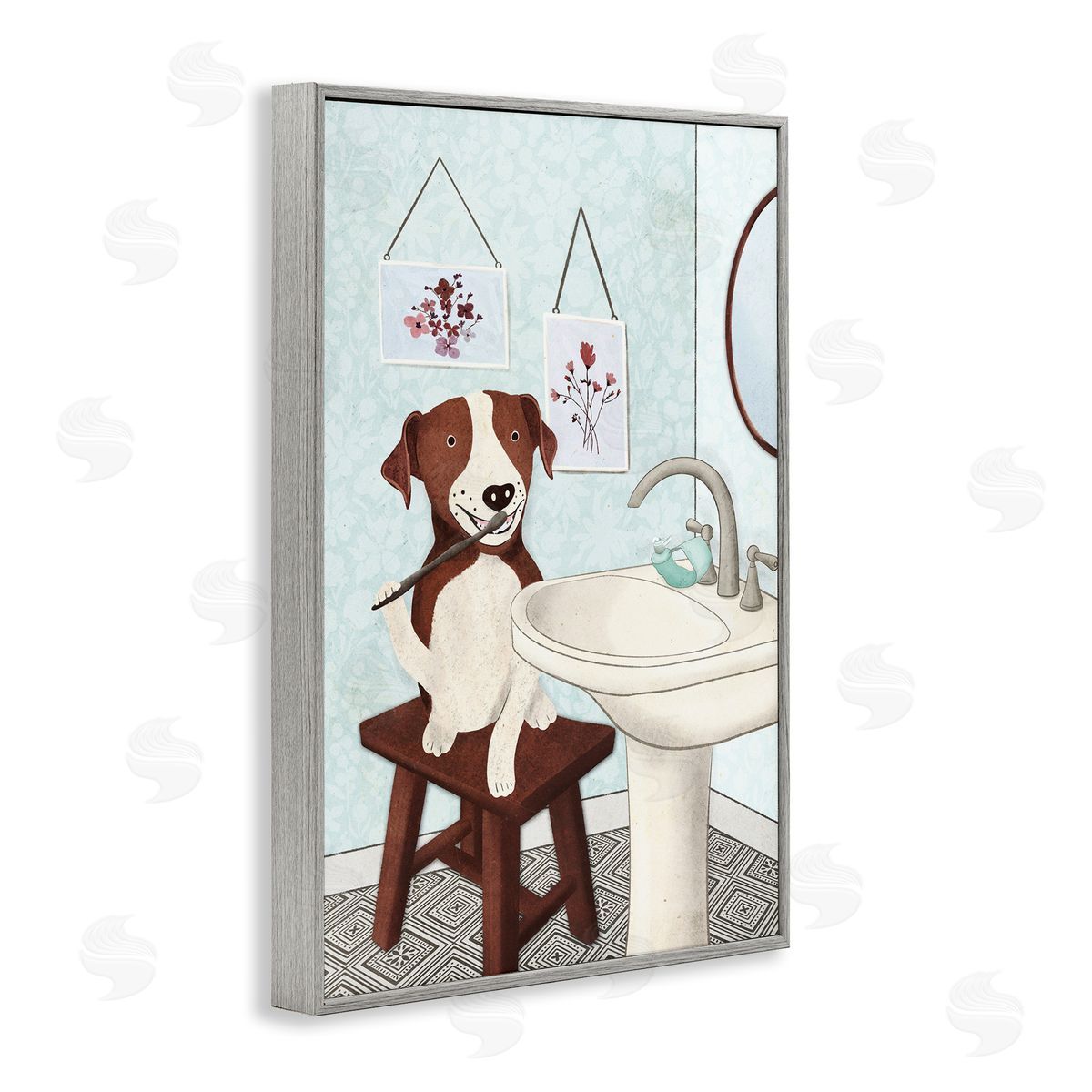 Dog Brushing Teeth Grey Frame Print Wall Art, Home Decor by JJ Design House, LLC.