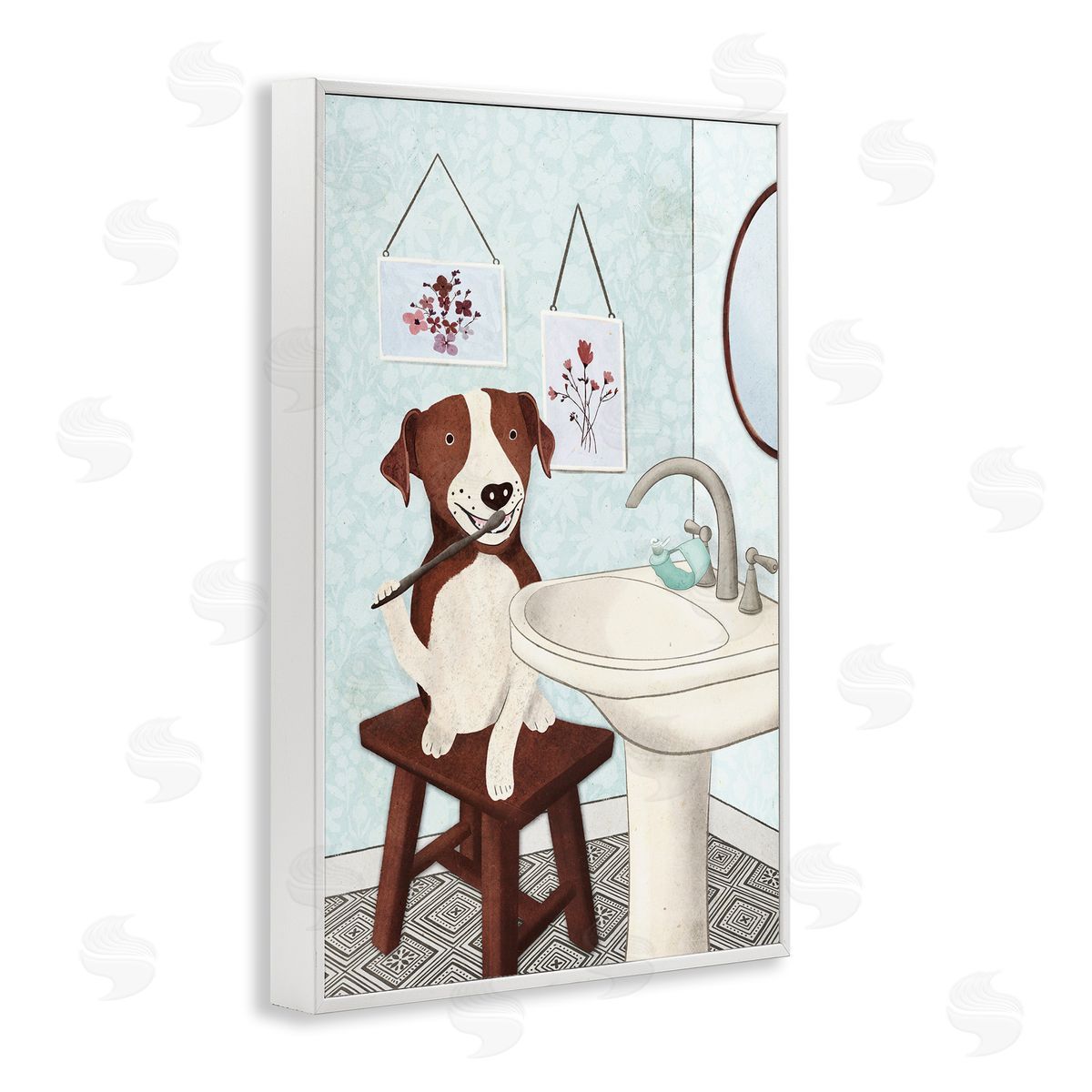 Dog Brushing Teeth White Frame Print Wall Art, Home Decor by JJ Design House, LLC.