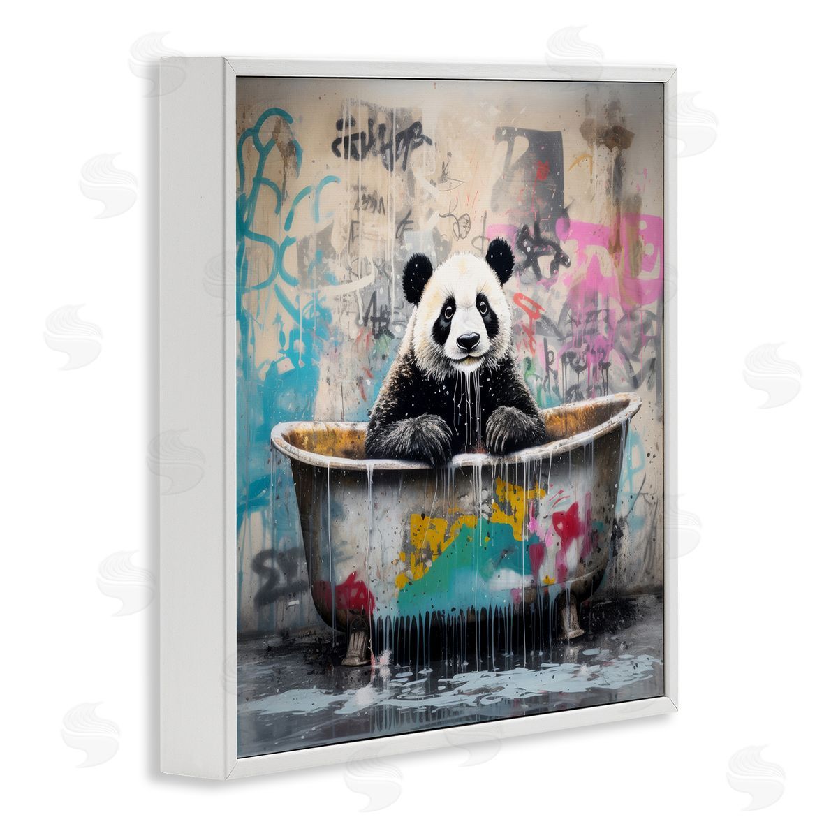 Graffiti Bathing Panda White Frame Print Wall Art, Home Decor by Lazar Studio