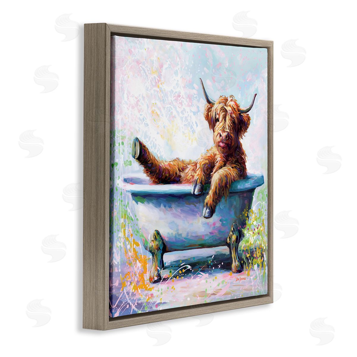 Splashing Baby Cow Brown Floating Frame Canvas Wall Art, Home Decor by Leon Devenice