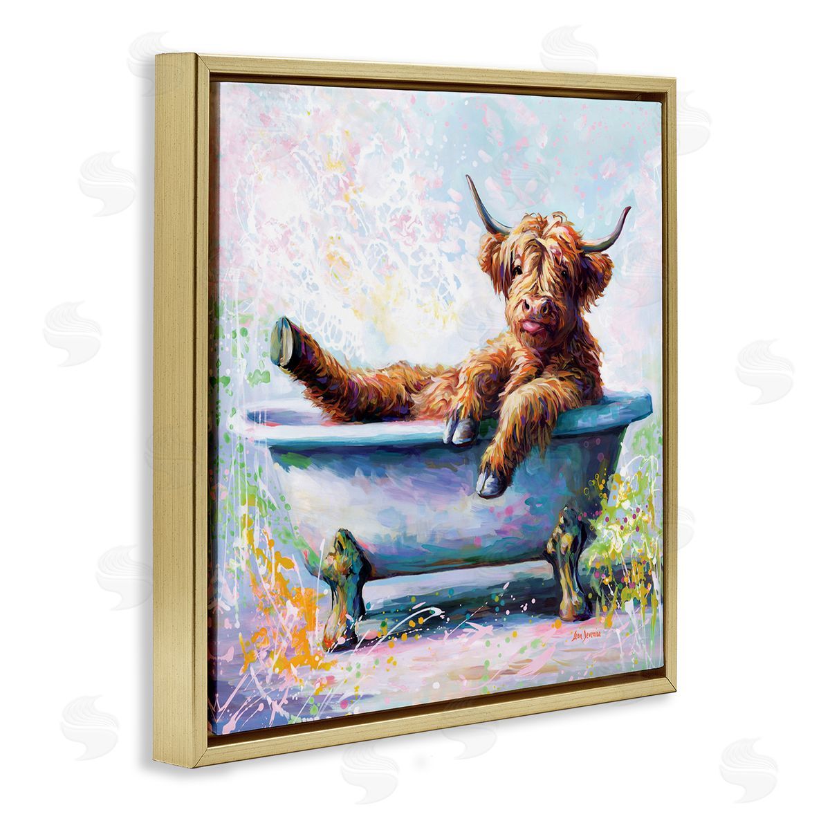 Splashing Baby Cow Gold Floating Frame Canvas Wall Art, Home Decor by Leon Devenice