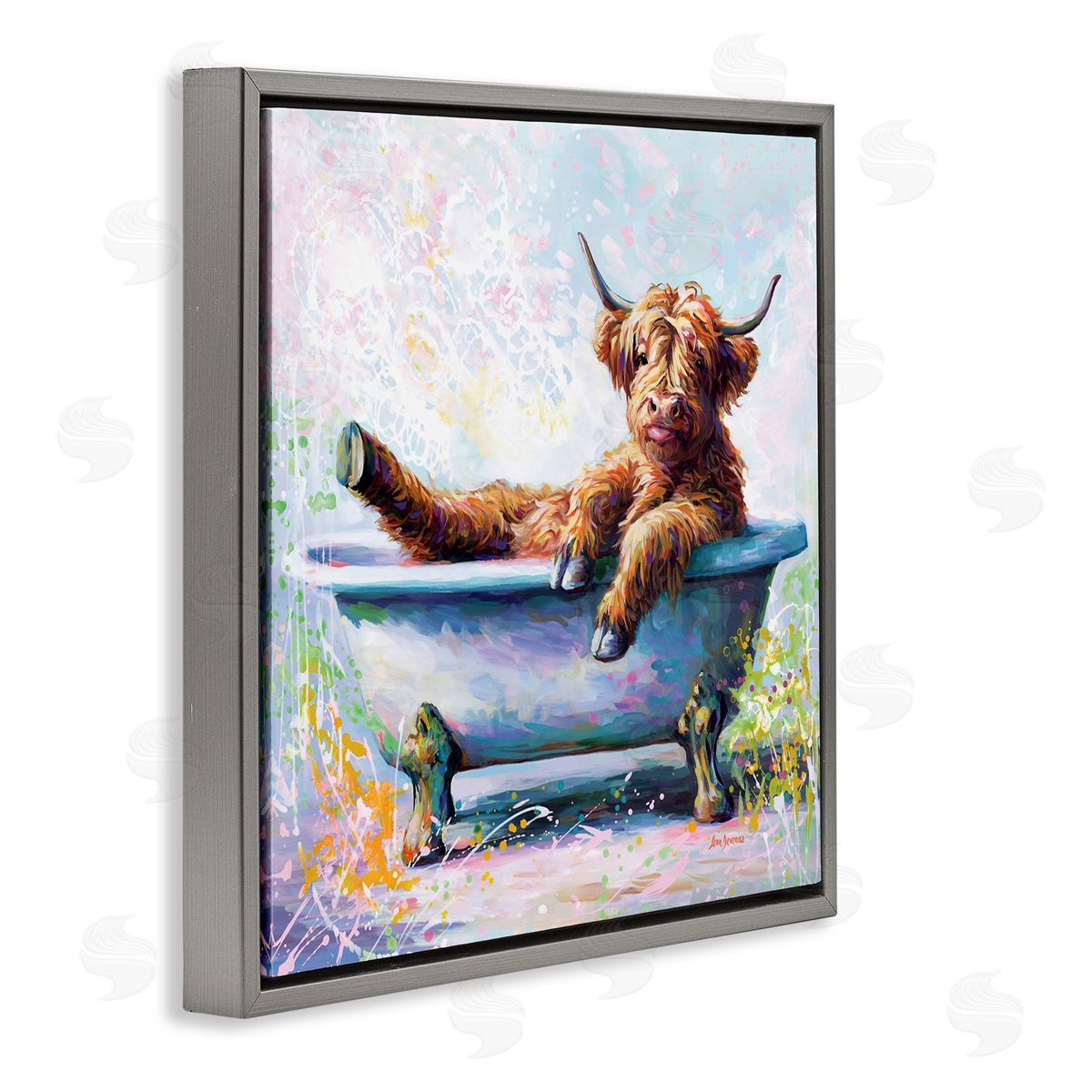 Splashing Baby Cow Grey Floating Frame Canvas Wall Art, Home Decor by Leon Devenice