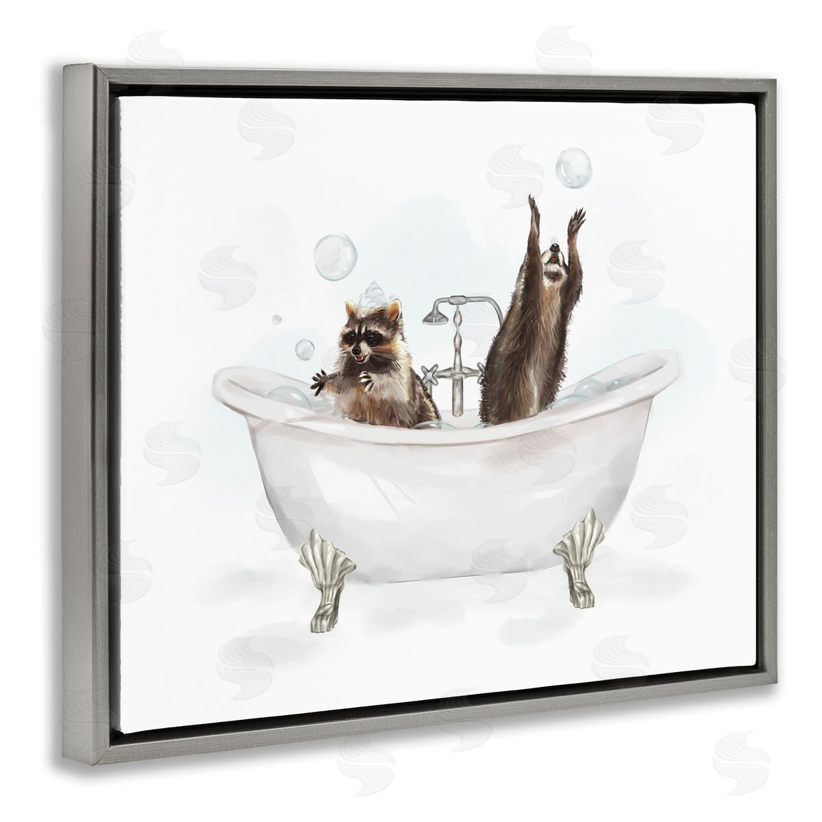 Raccoons Catching Bubbles Grey Floating Frame Canvas Wall Art, Home Decor by Ziwei Li