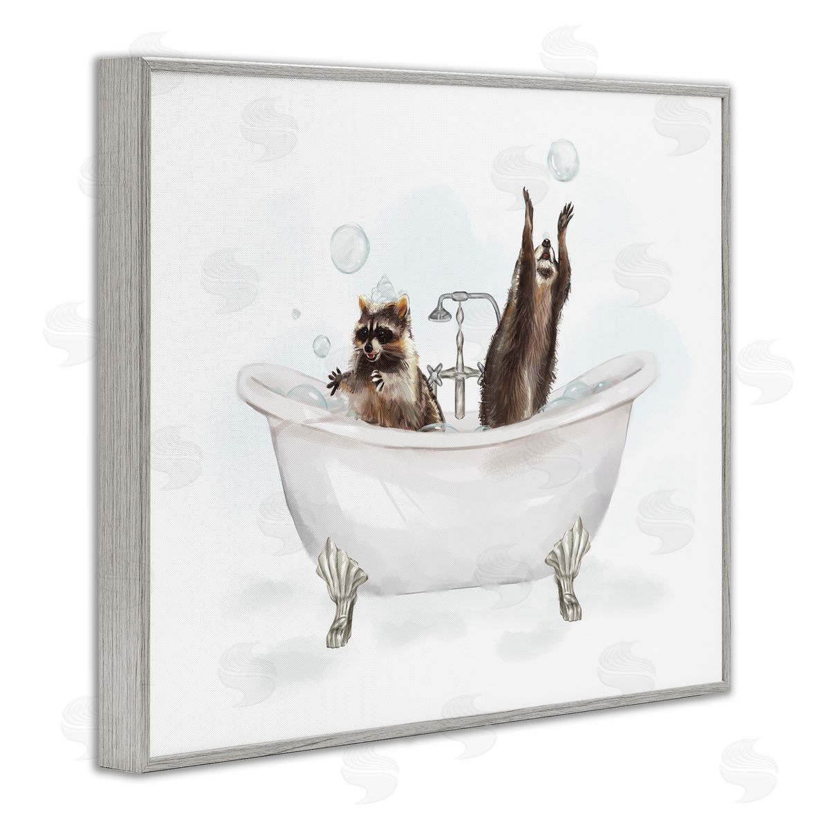 Raccoons Catching Bubbles Grey Frame Print Wall Art, Home Decor by Ziwei Li