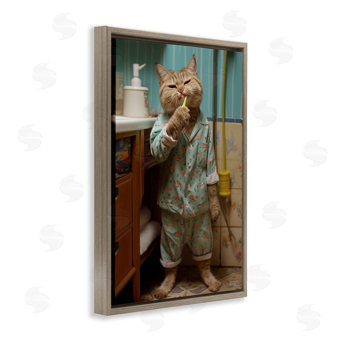 Cat Brushing Teeth Brown Floating Frame Canvas Wall Art, Home Decor by Roozbeh Bahramali