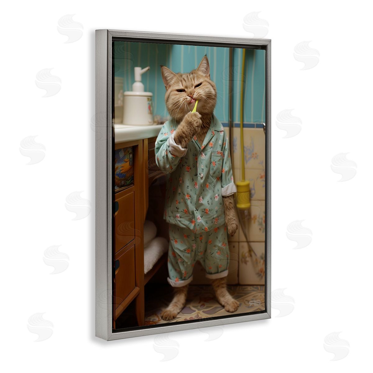 Cat Brushing Teeth Grey Floating Frame Canvas Wall Art, Home Decor by Roozbeh Bahramali