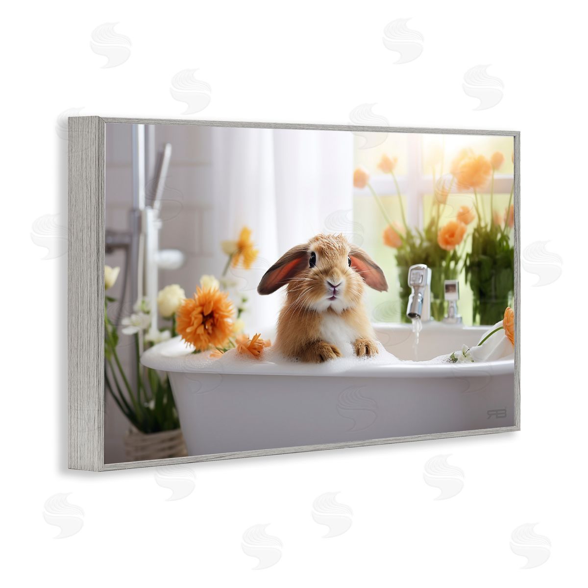Bathing Baby Bunny Grey Frame Print Wall Art, Home Decor by Roozbeh Bahramali