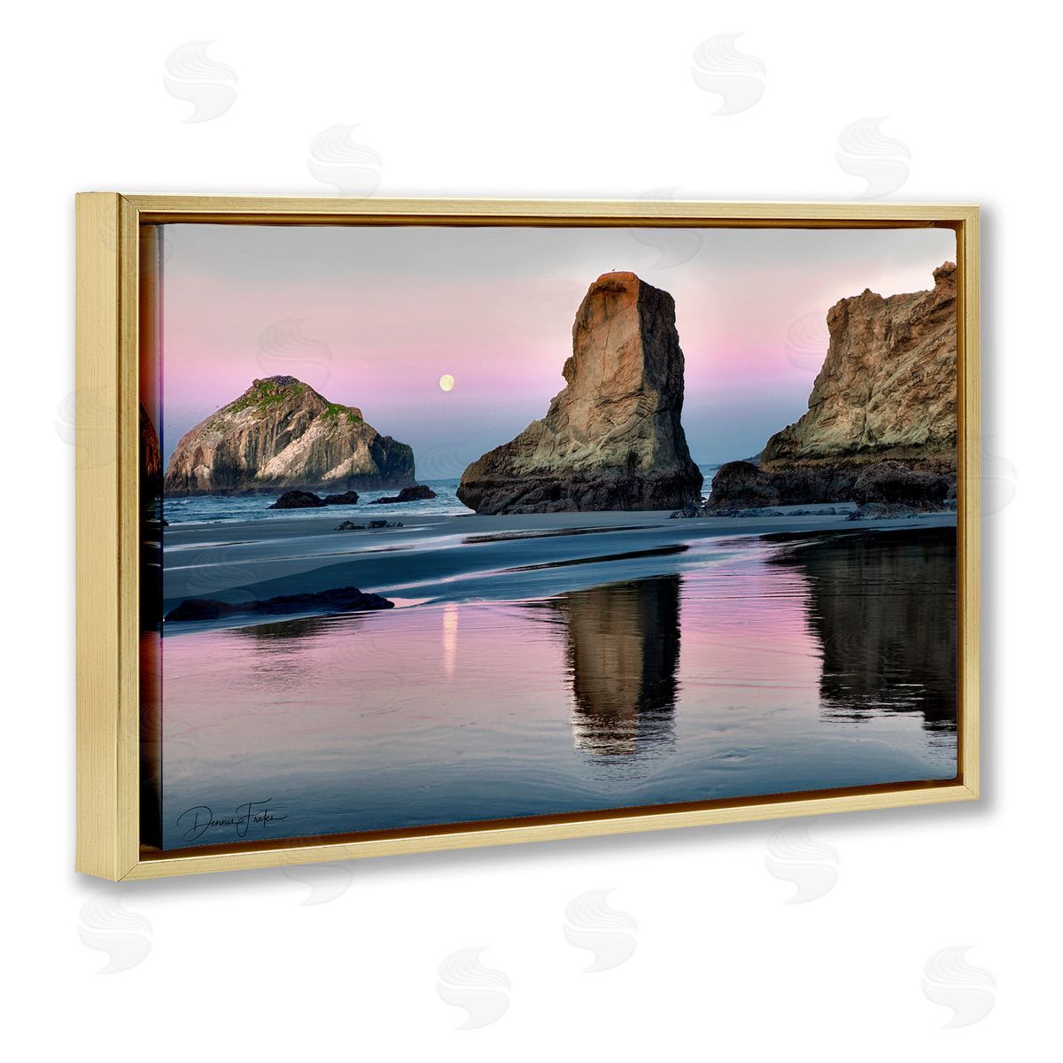 Moonlit Beach Cliffs Gold Floating Frame Canvas Wall Art, Home Decor by Dennis Frates