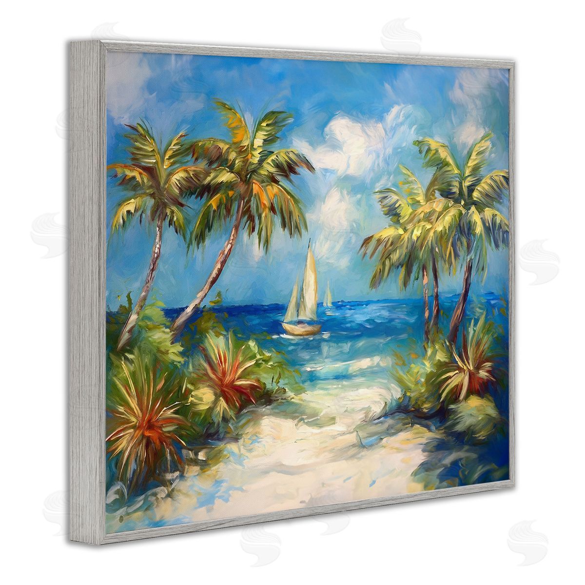 Tropical Paradise Harbor Grey Frame Print Wall Art, Home Decor by Ramona Murdock