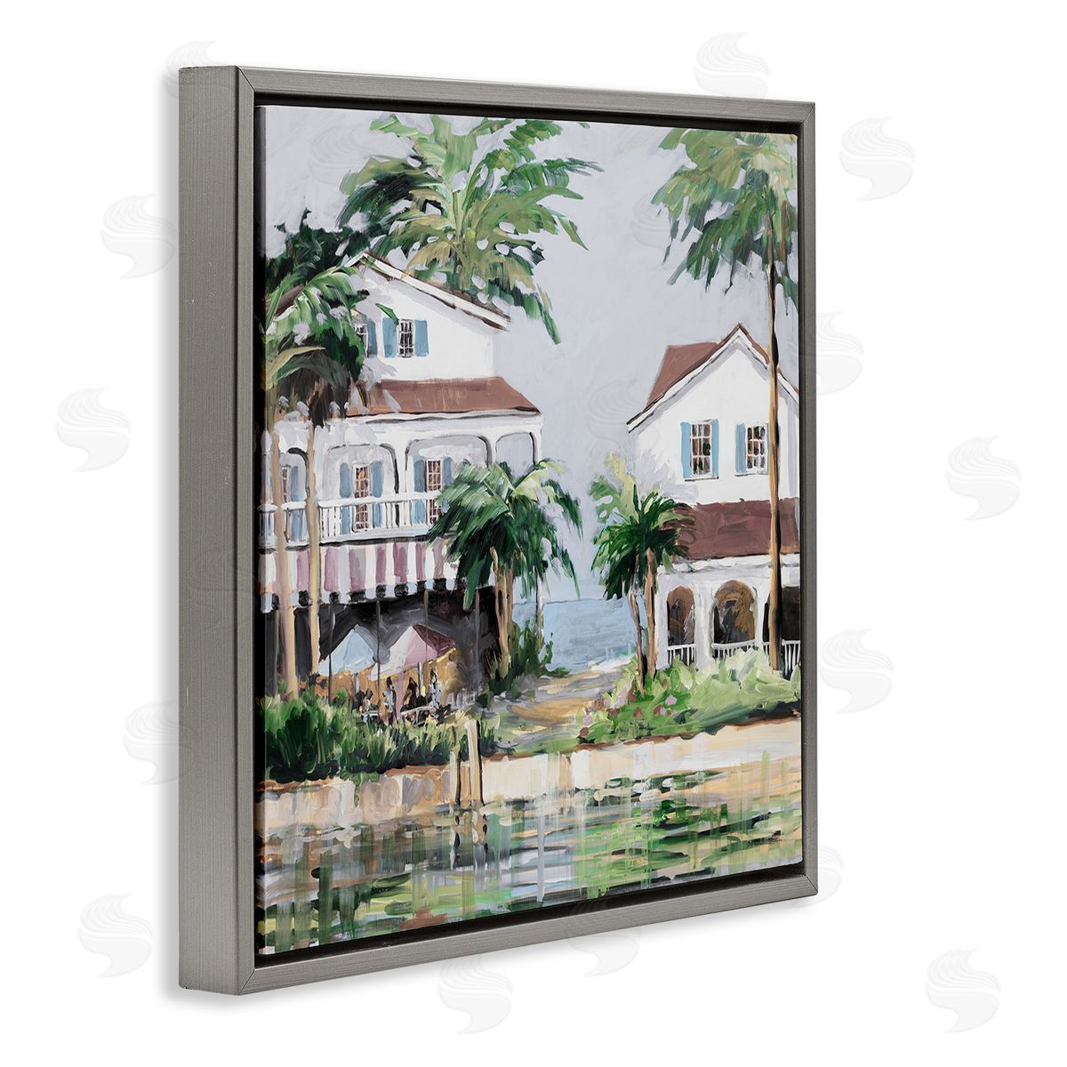 Coastal Bay Cottages Grey Floating Frame Canvas Wall Art, Home Decor by Jane Slivka