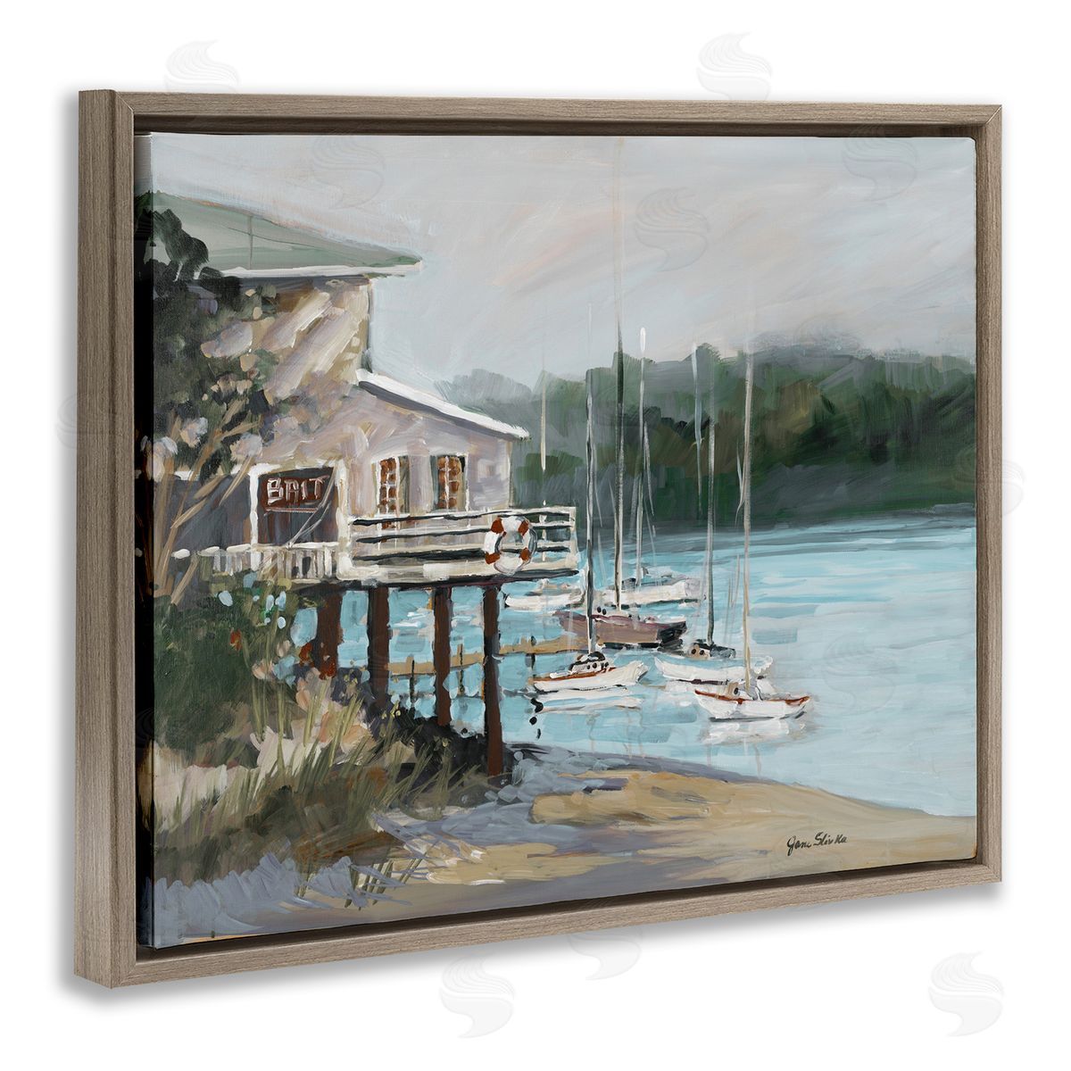 Boat Marina Harbor Brown Floating Frame Canvas Wall Art, Home Decor by Jane Slivka