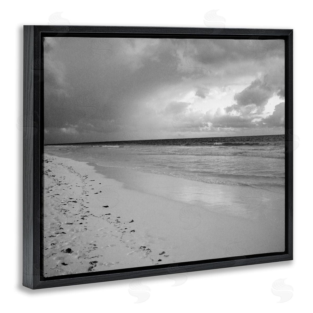 Beach Shore with Footprints Black Floating Frame Canvas Wall Art, Home Decor by Jairo Rodriguez