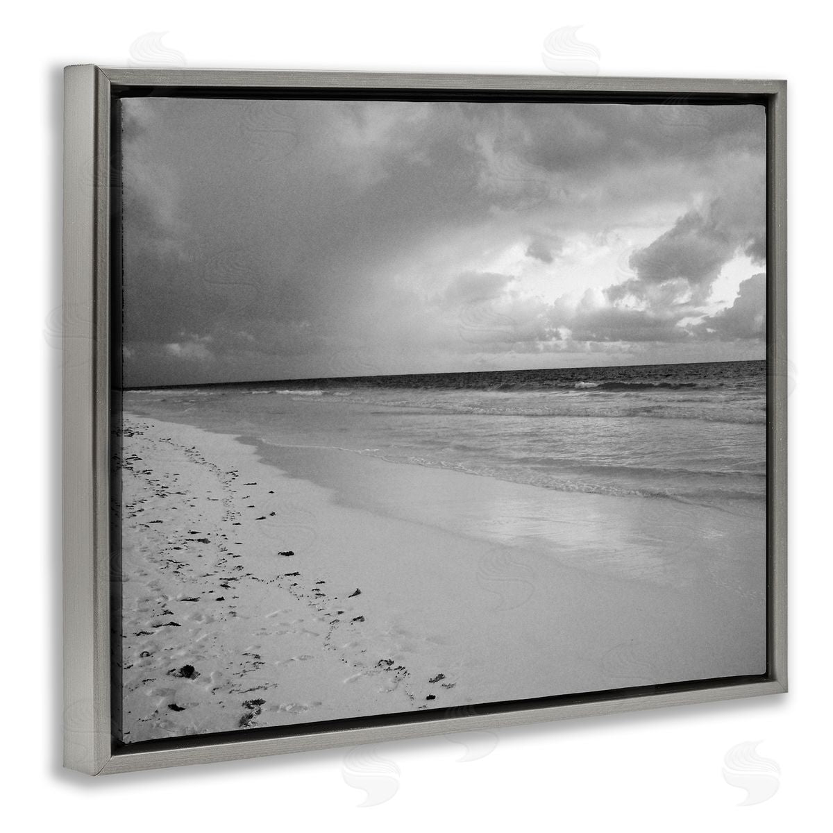 Beach Shore with Footprints Grey Floating Frame Canvas Wall Art, Home Decor by Jairo Rodriguez