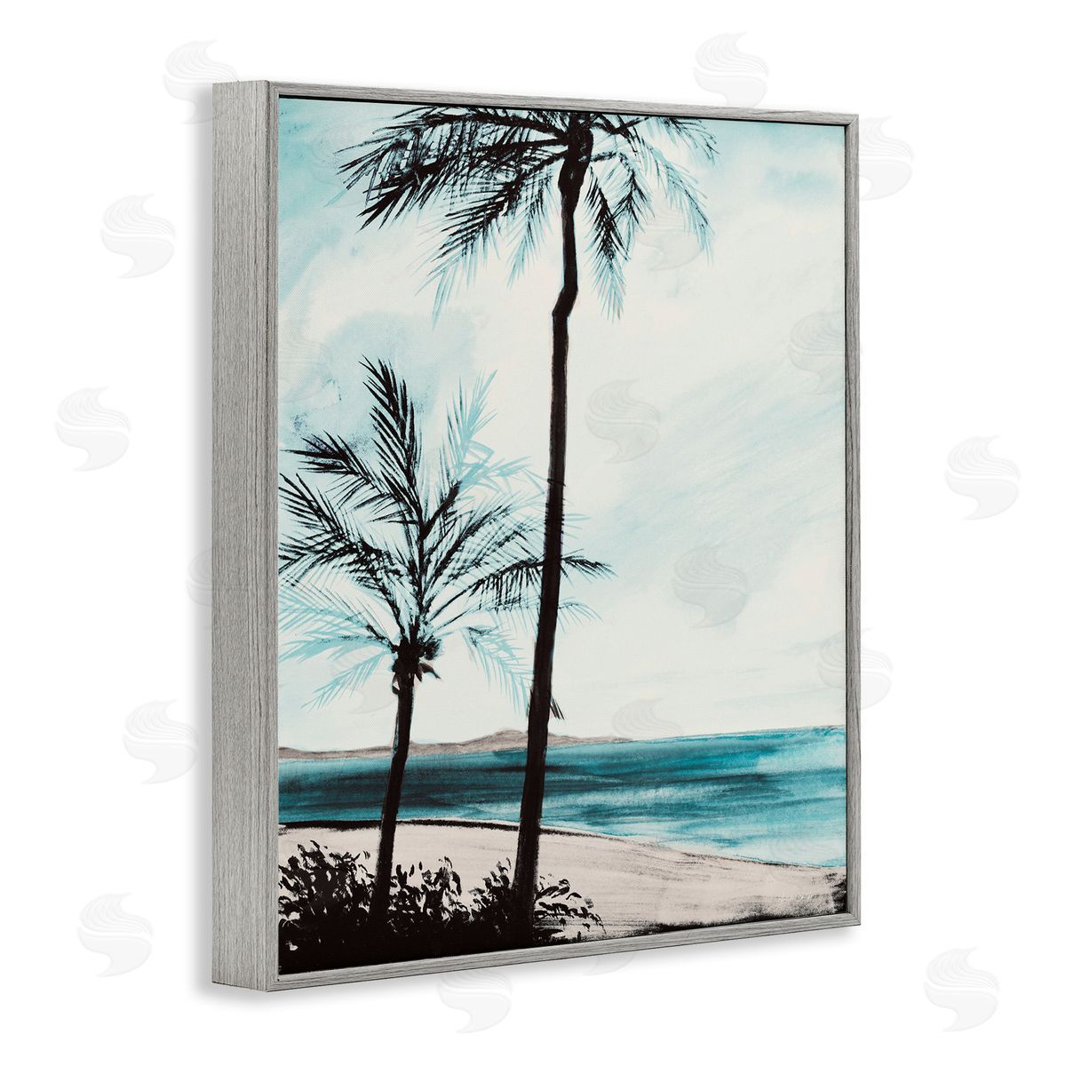 Beach Palm Silhouettes Grey Frame Print Wall Art, Home Decor by Linda Baliko