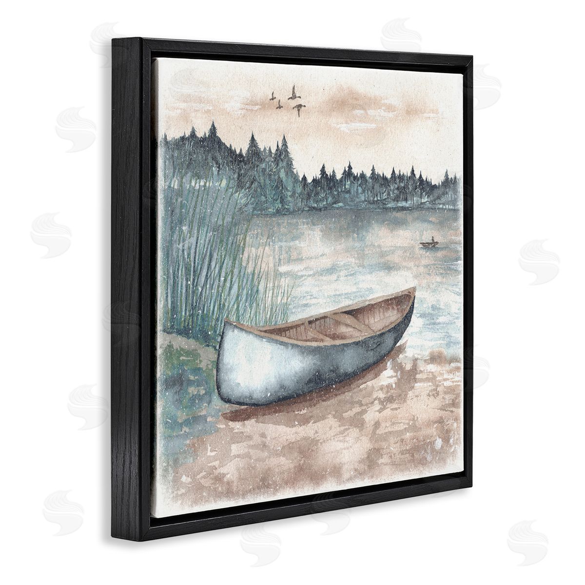 Canoe on Lake Shore Black Floating Frame Canvas Wall Art, Home Decor by Elizabeth Medley