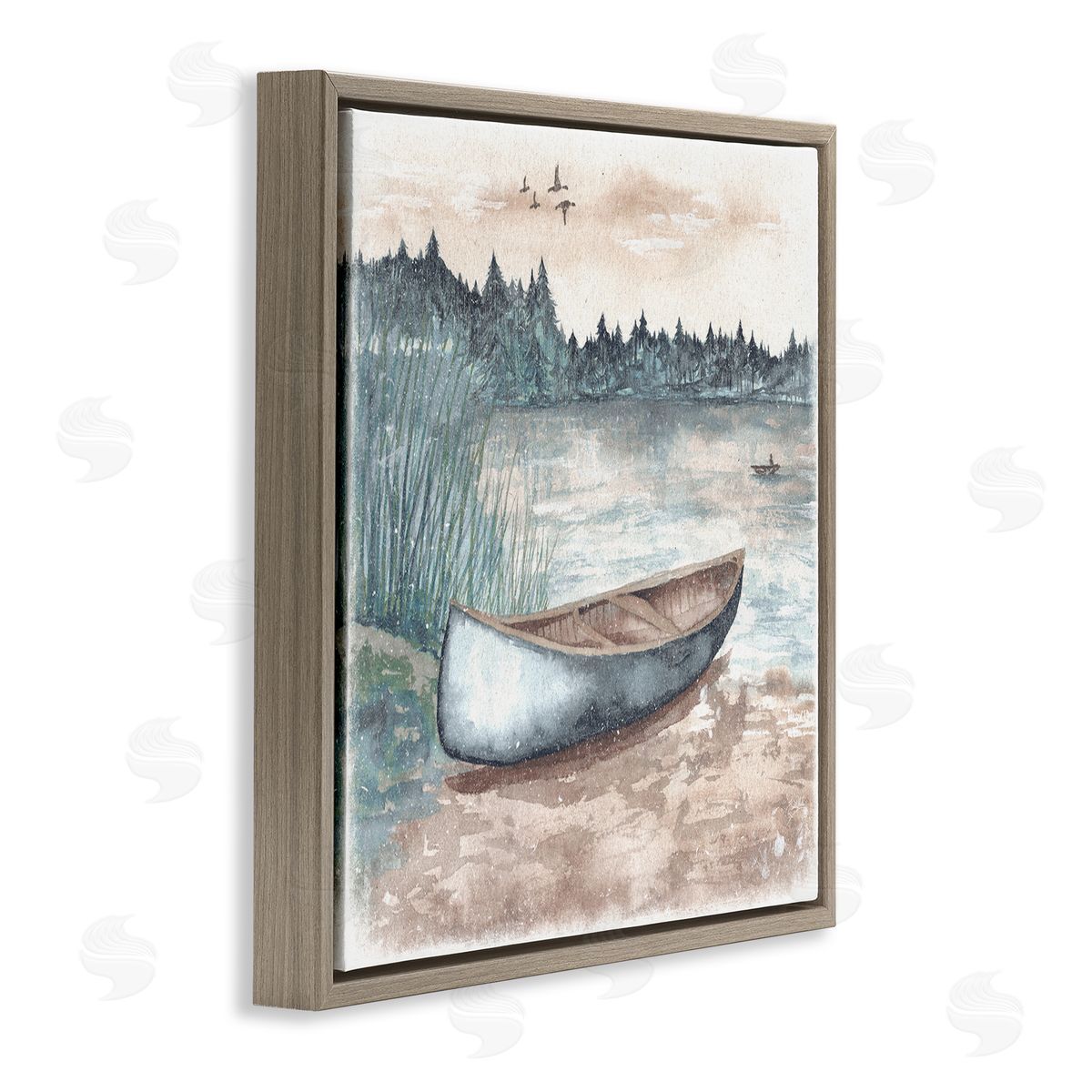 Canoe on Lake Shore Brown Floating Frame Canvas Wall Art, Home Decor by Elizabeth Medley