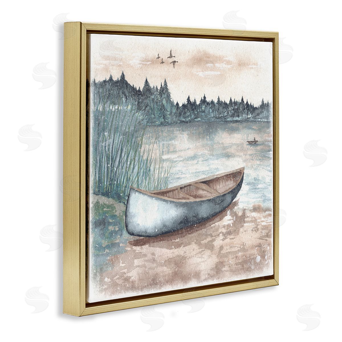 Canoe on Lake Shore Gold Floating Frame Canvas Wall Art, Home Decor by Elizabeth Medley