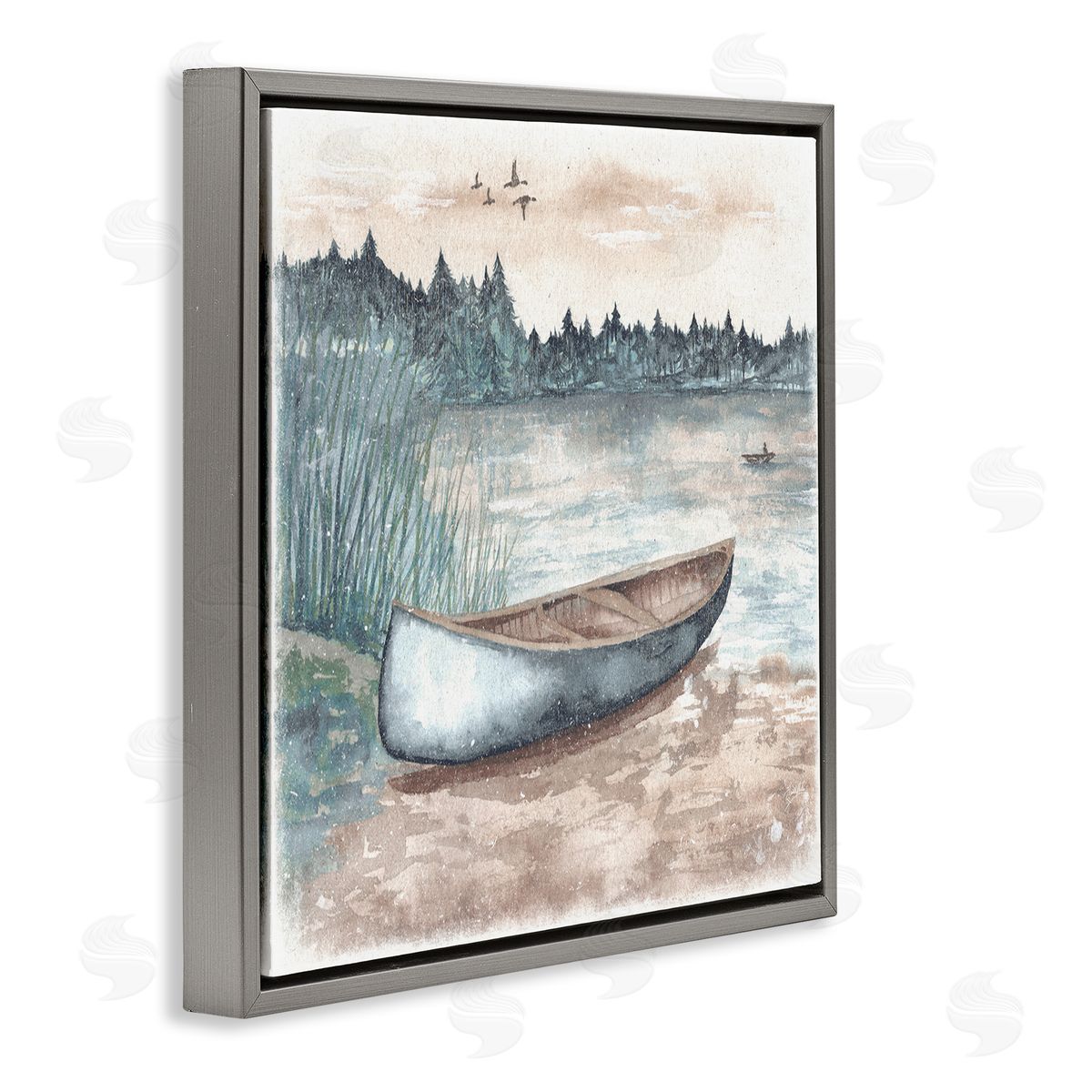 Canoe on Lake Shore Grey Floating Frame Canvas Wall Art, Home Decor by Elizabeth Medley