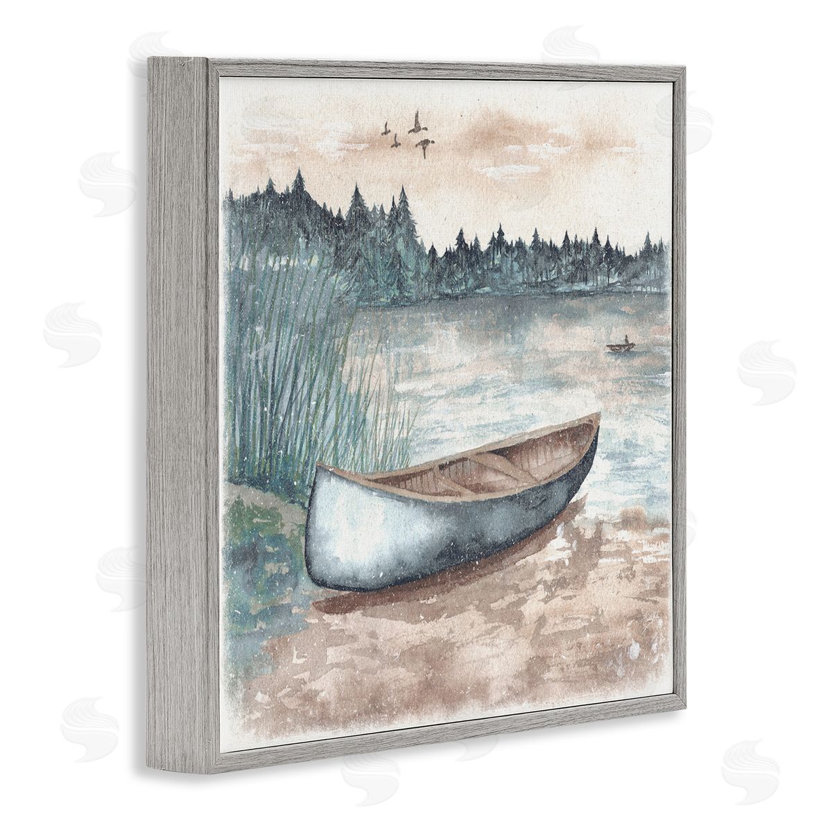 Canoe on Lake Shore Grey Frame Print Wall Art, Home Decor by Elizabeth Medley