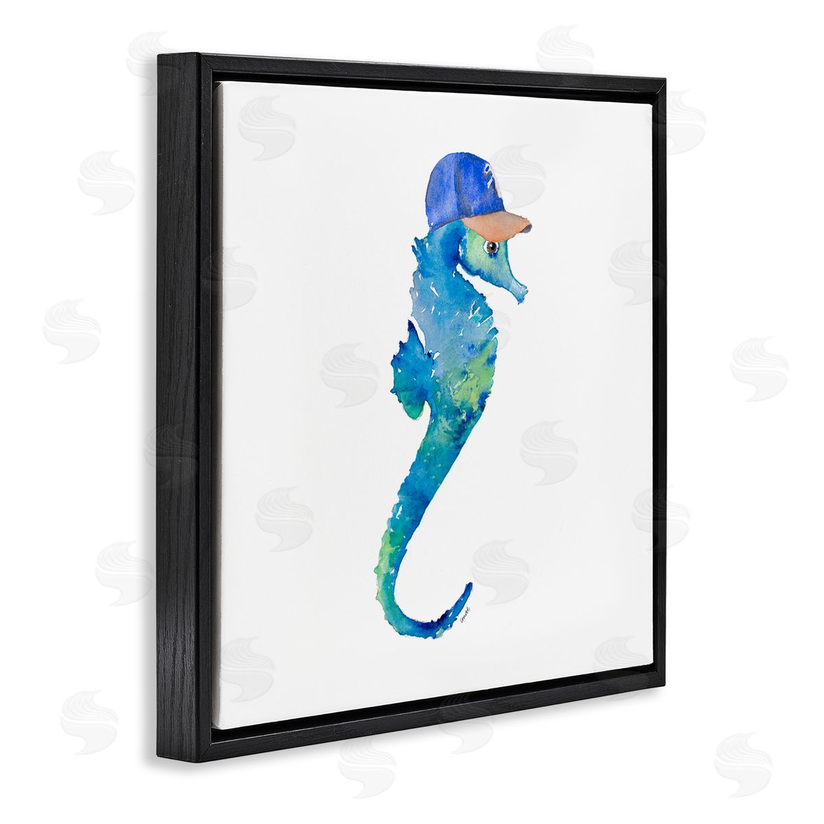 Blue Seahorse in Hat Black Floating Frame Canvas Wall Art, Home Decor by Lanie Loreth