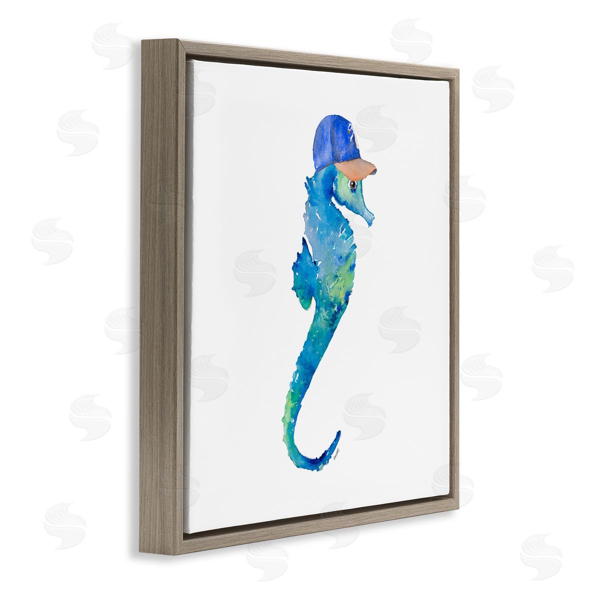 Blue Seahorse in Hat Brown Floating Frame Canvas Wall Art, Home Decor by Lanie Loreth