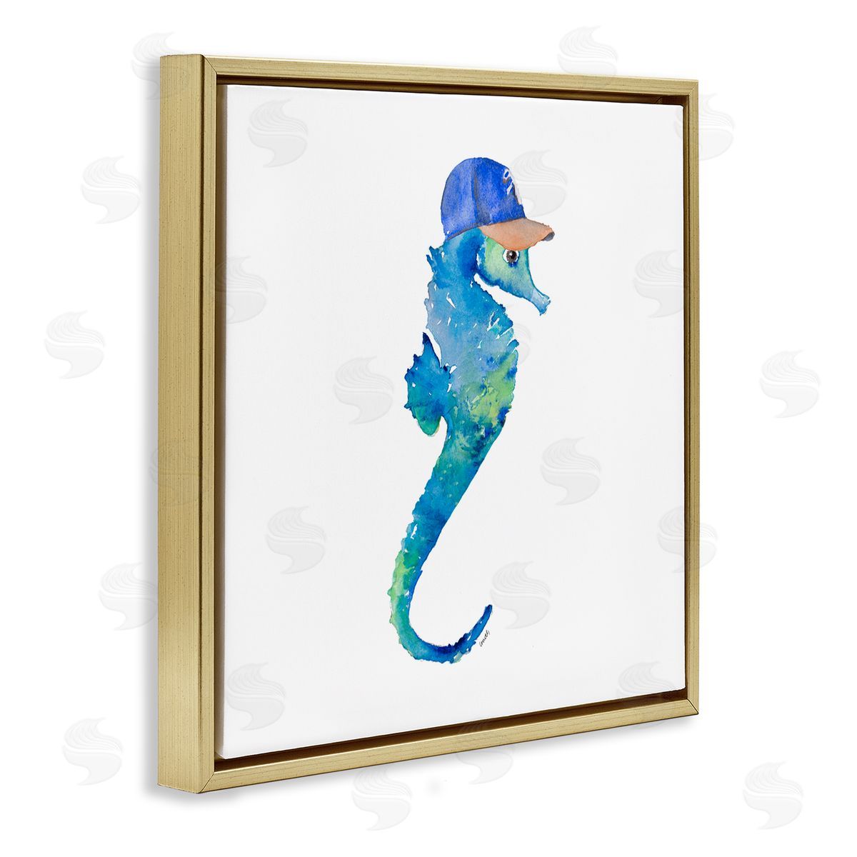 Blue Seahorse in Hat Gold Floating Frame Canvas Wall Art, Home Decor by Lanie Loreth