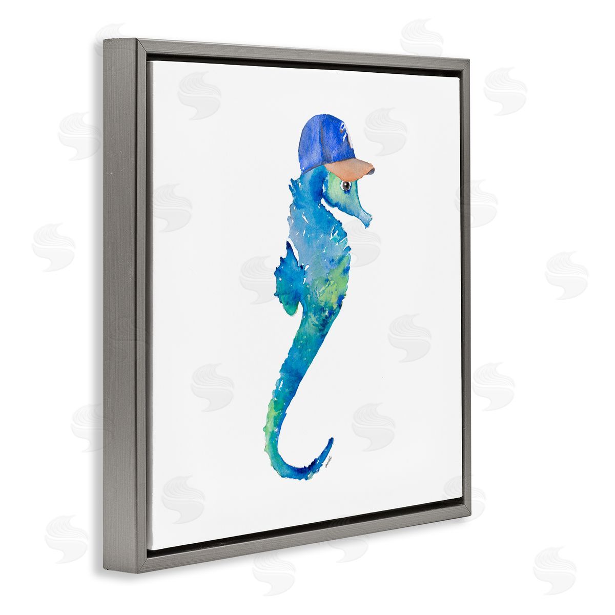 Blue Seahorse in Hat Grey Floating Frame Canvas Wall Art, Home Decor by Lanie Loreth