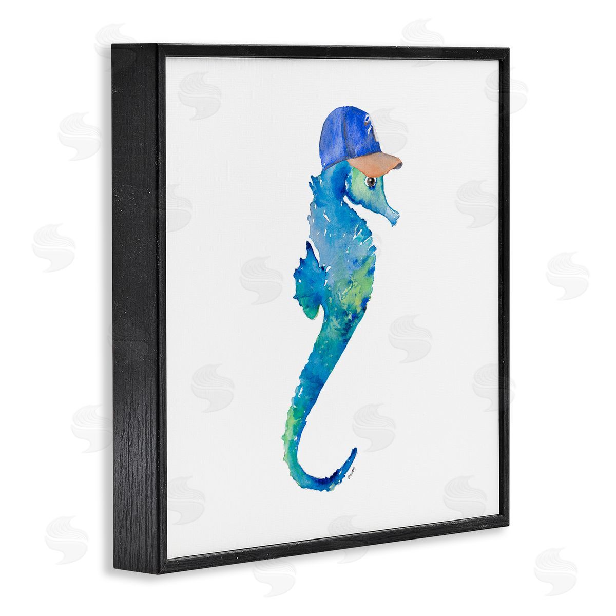 Blue Seahorse in Hat Black Frame Print Wall Art, Home Decor by Lanie Loreth