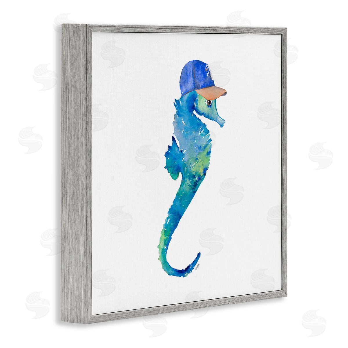 Blue Seahorse in Hat Grey Frame Print Wall Art, Home Decor by Lanie Loreth