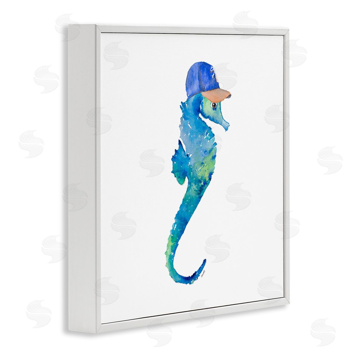 Blue Seahorse in Hat White Frame Print Wall Art, Home Decor by Lanie Loreth