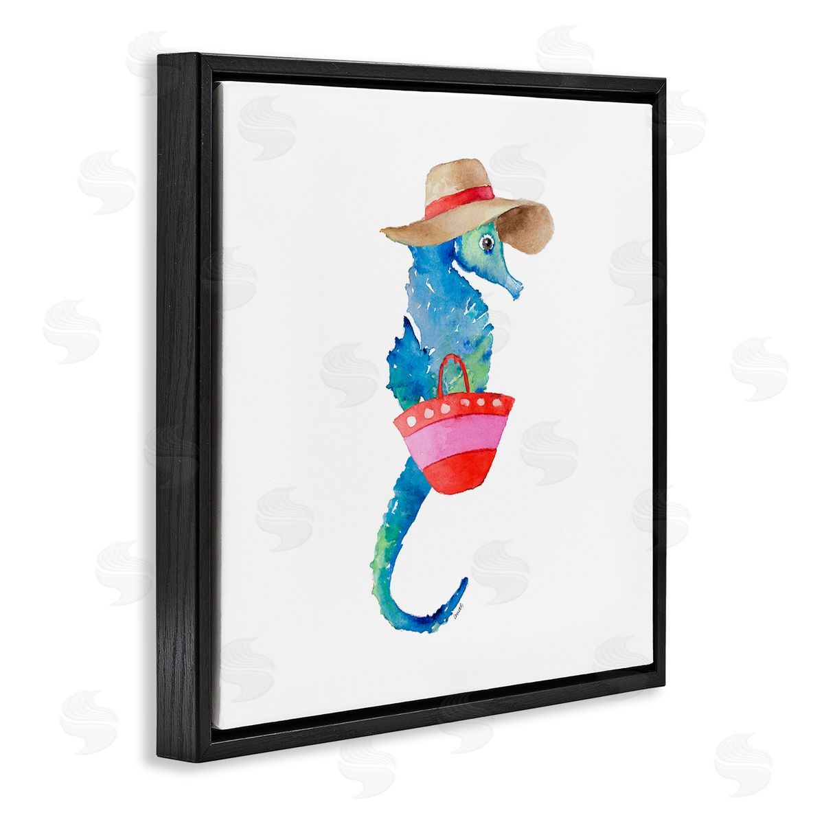 Seahorse in Beach Hat Black Floating Frame Canvas Wall Art, Home Decor by Lanie Loreth