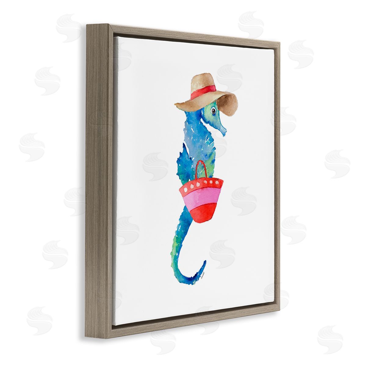 Seahorse in Beach Hat Brown Floating Frame Canvas Wall Art, Home Decor by Lanie Loreth