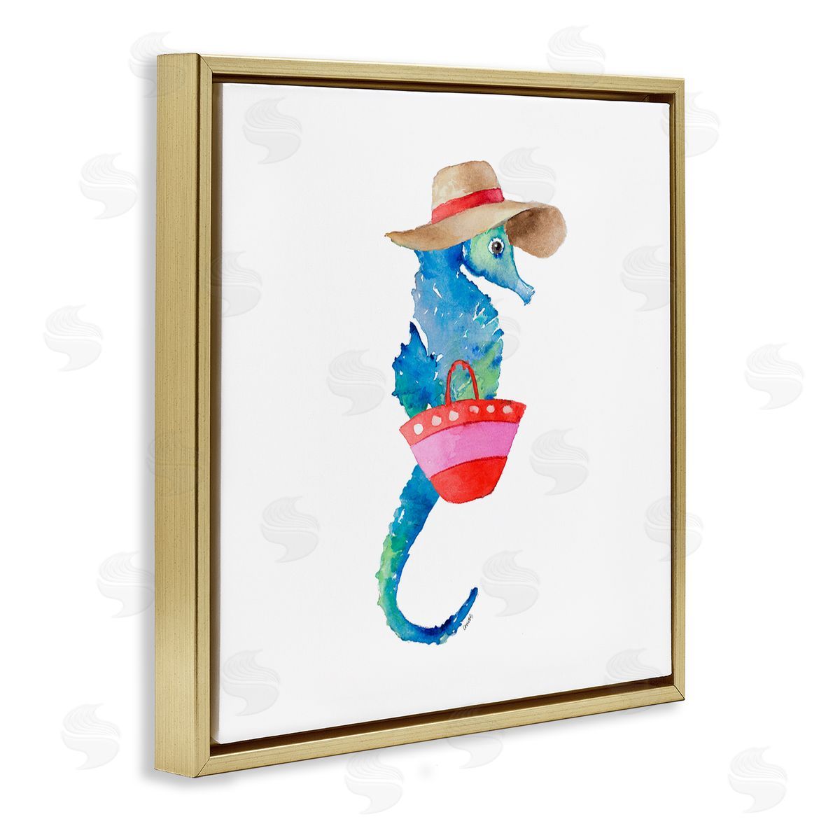 Seahorse in Beach Hat Gold Floating Frame Canvas Wall Art, Home Decor by Lanie Loreth