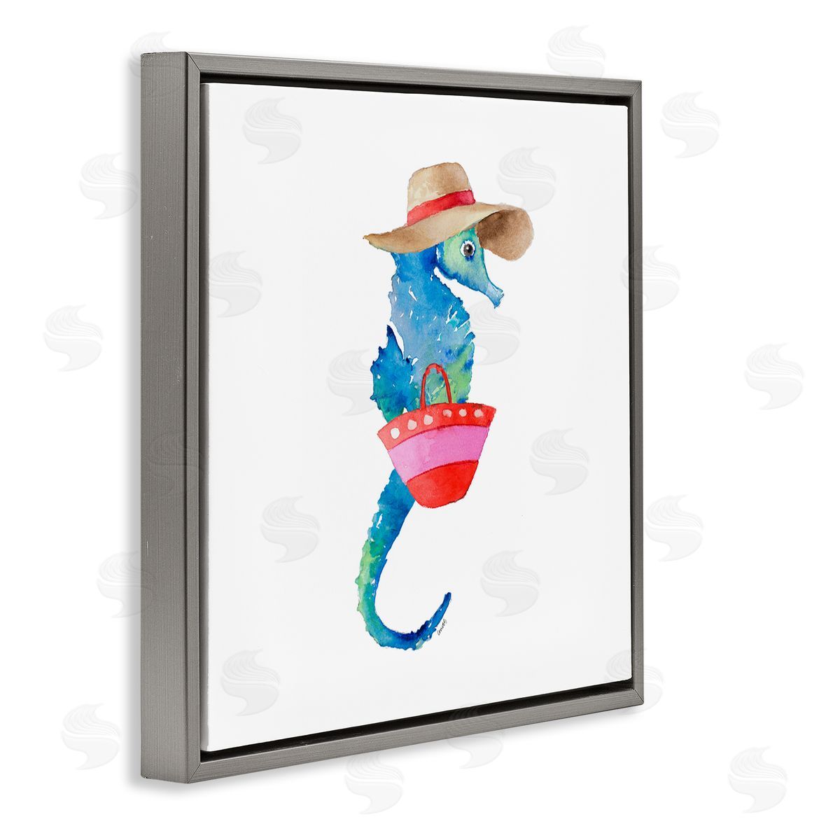 Seahorse in Beach Hat Grey Floating Frame Canvas Wall Art, Home Decor by Lanie Loreth