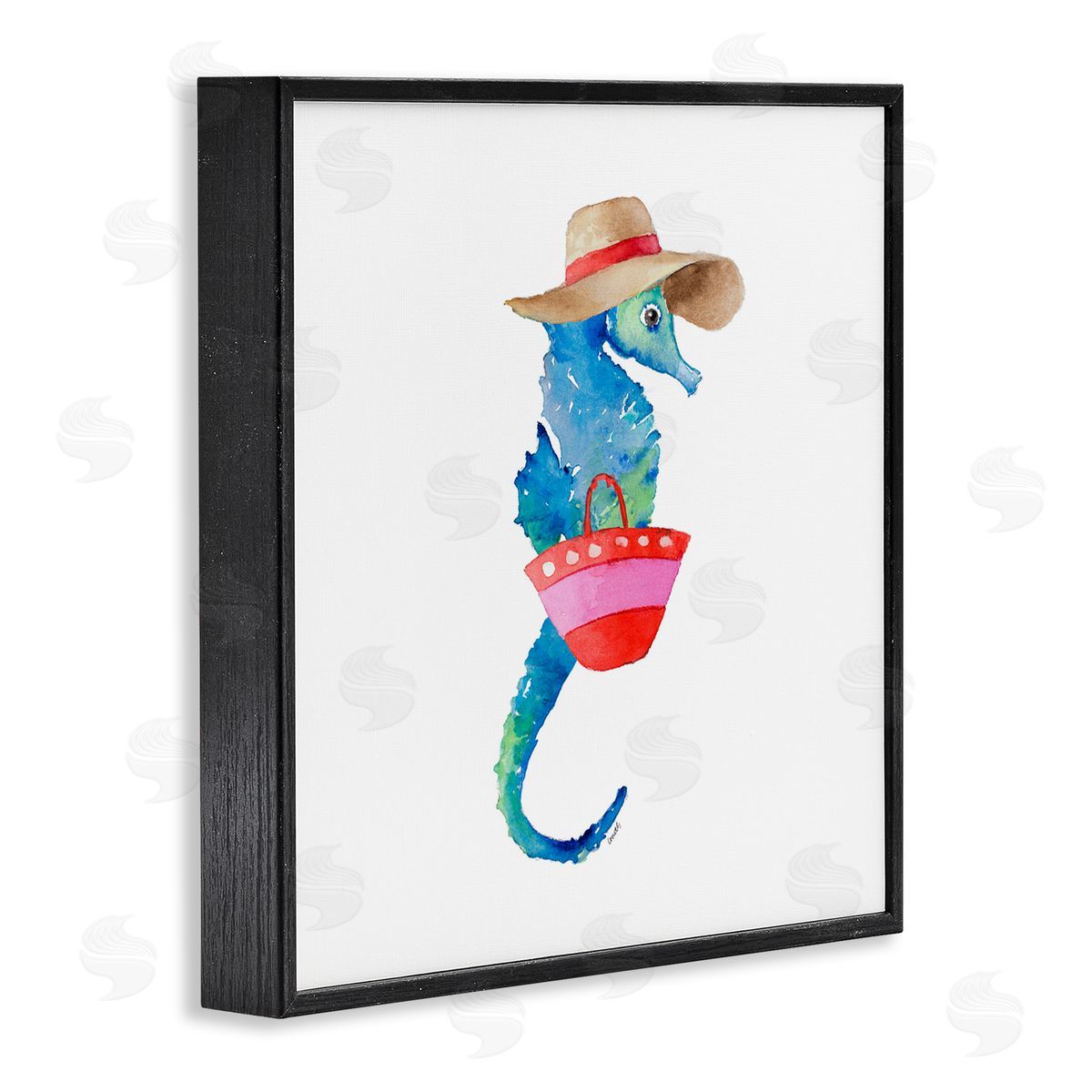 Seahorse in Beach Hat Black Frame Print Wall Art, Home Decor by Lanie Loreth