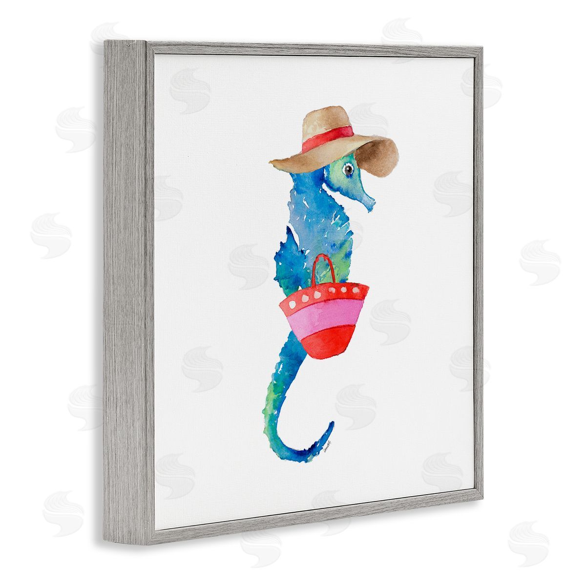 Seahorse in Beach Hat Grey Frame Print Wall Art, Home Decor by Lanie Loreth