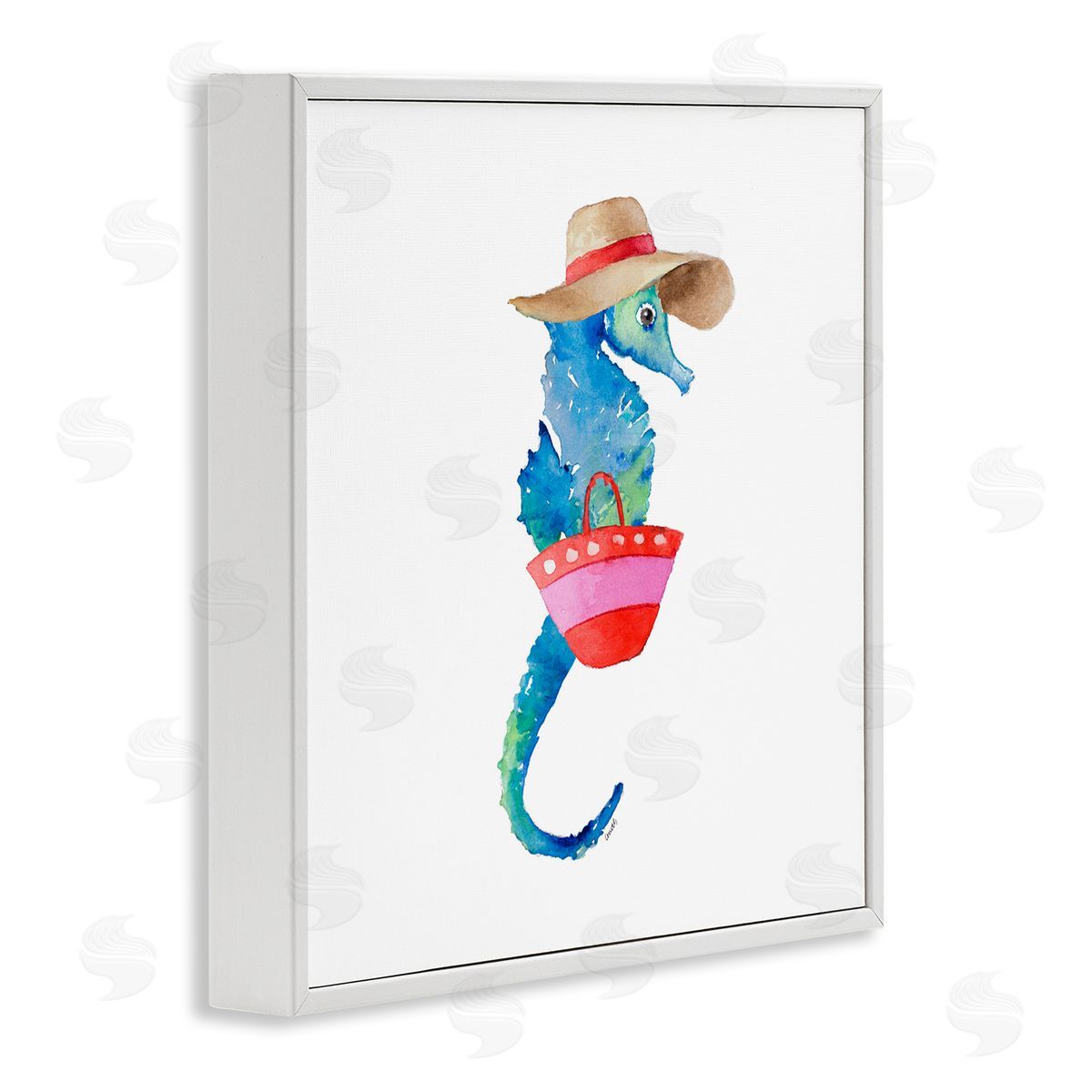 Seahorse in Beach Hat White Frame Print Wall Art, Home Decor by Lanie Loreth