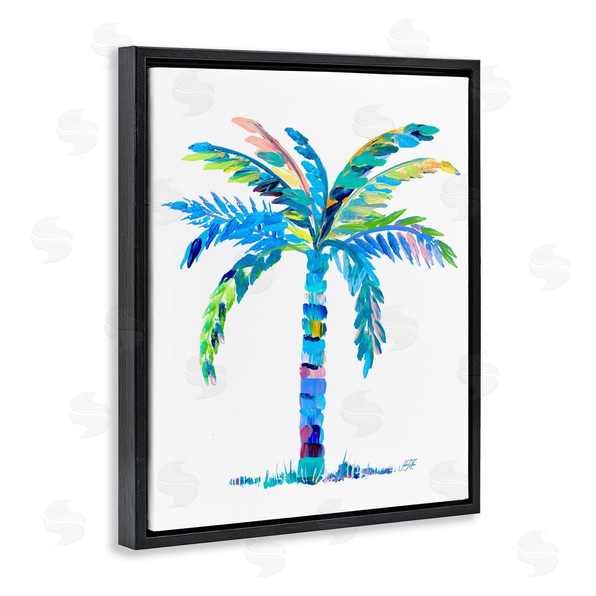 Bold Blue Palm Tree Black Floating Frame Canvas Wall Art, Home Decor by Julie DeRice