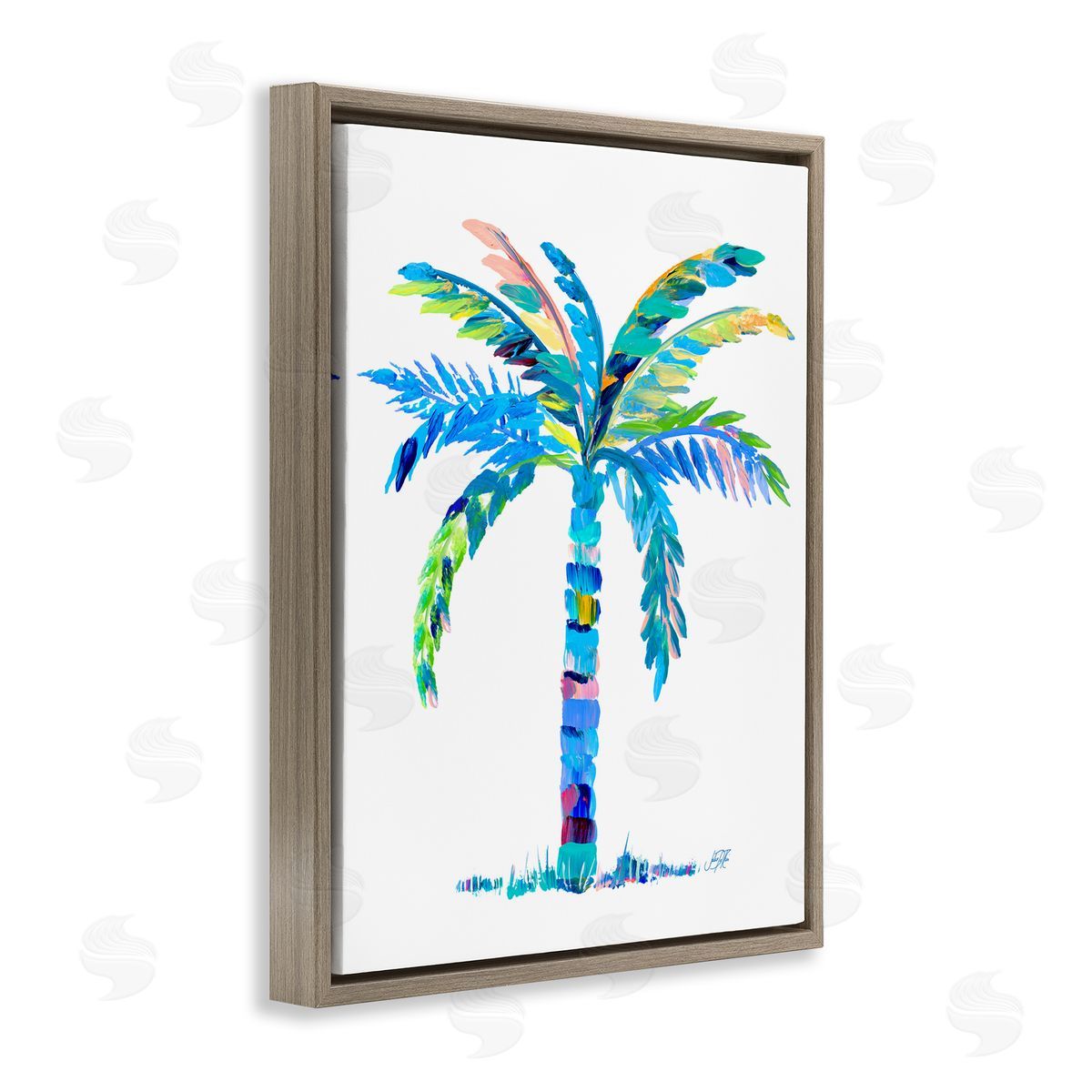 Bold Blue Palm Tree Brown Floating Frame Canvas Wall Art, Home Decor by Julie DeRice