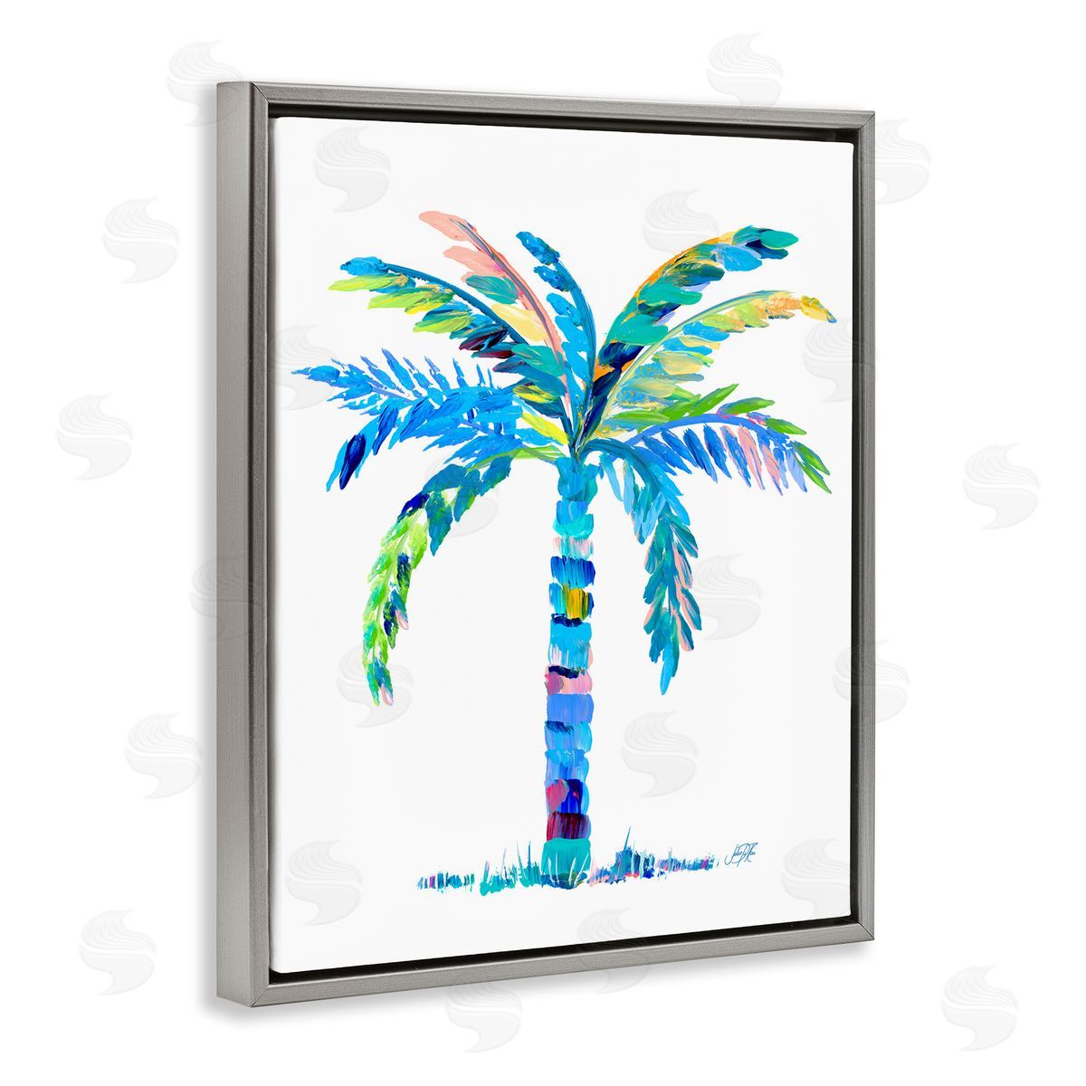 Bold Blue Palm Tree Grey Floating Frame Canvas Wall Art, Home Decor by Julie DeRice