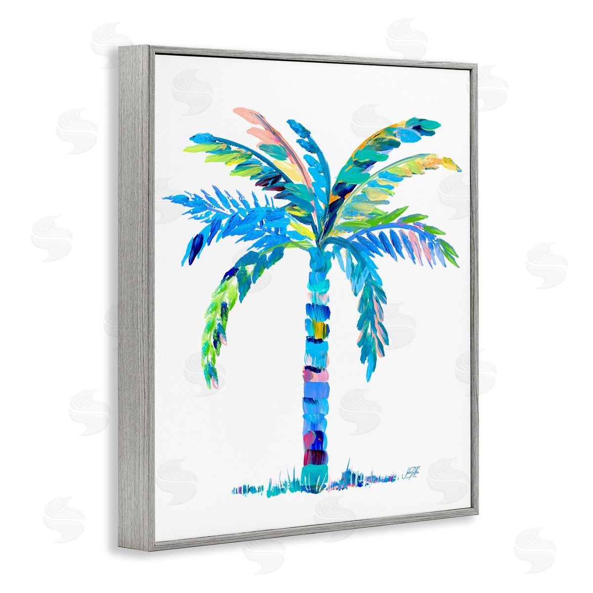 Bold Blue Palm Tree Grey Frame Print Wall Art, Home Decor by Julie DeRice