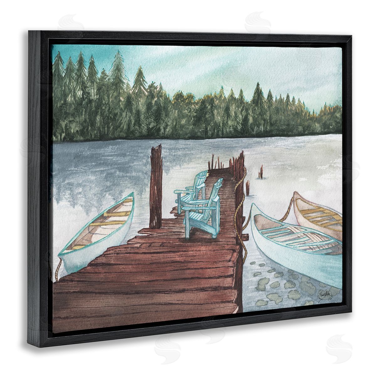 Canoes at Lake Dock Black Floating Frame Canvas Wall Art, Home Decor by Elizabeth Medley