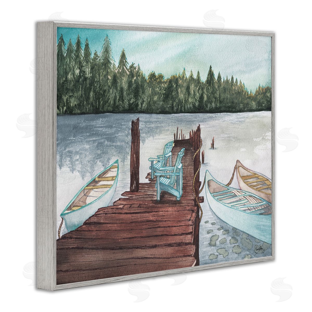 Canoes at Lake Dock Grey Frame Print Wall Art, Home Decor by Elizabeth Medley