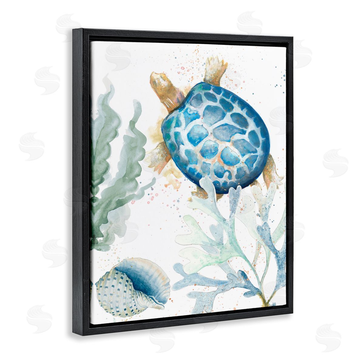 Speckled Turtle and Coral Black Floating Frame Canvas Wall Art, Home Decor by Patricia Pinto
