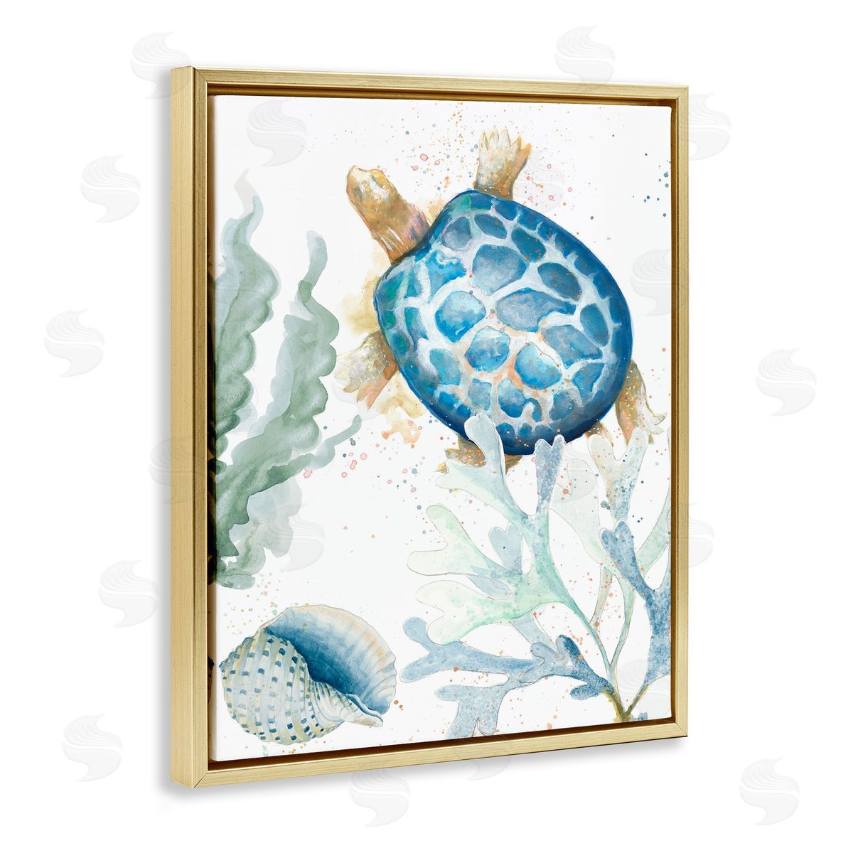 Speckled Turtle and Coral Gold Floating Frame Canvas Wall Art, Home Decor by Patricia Pinto