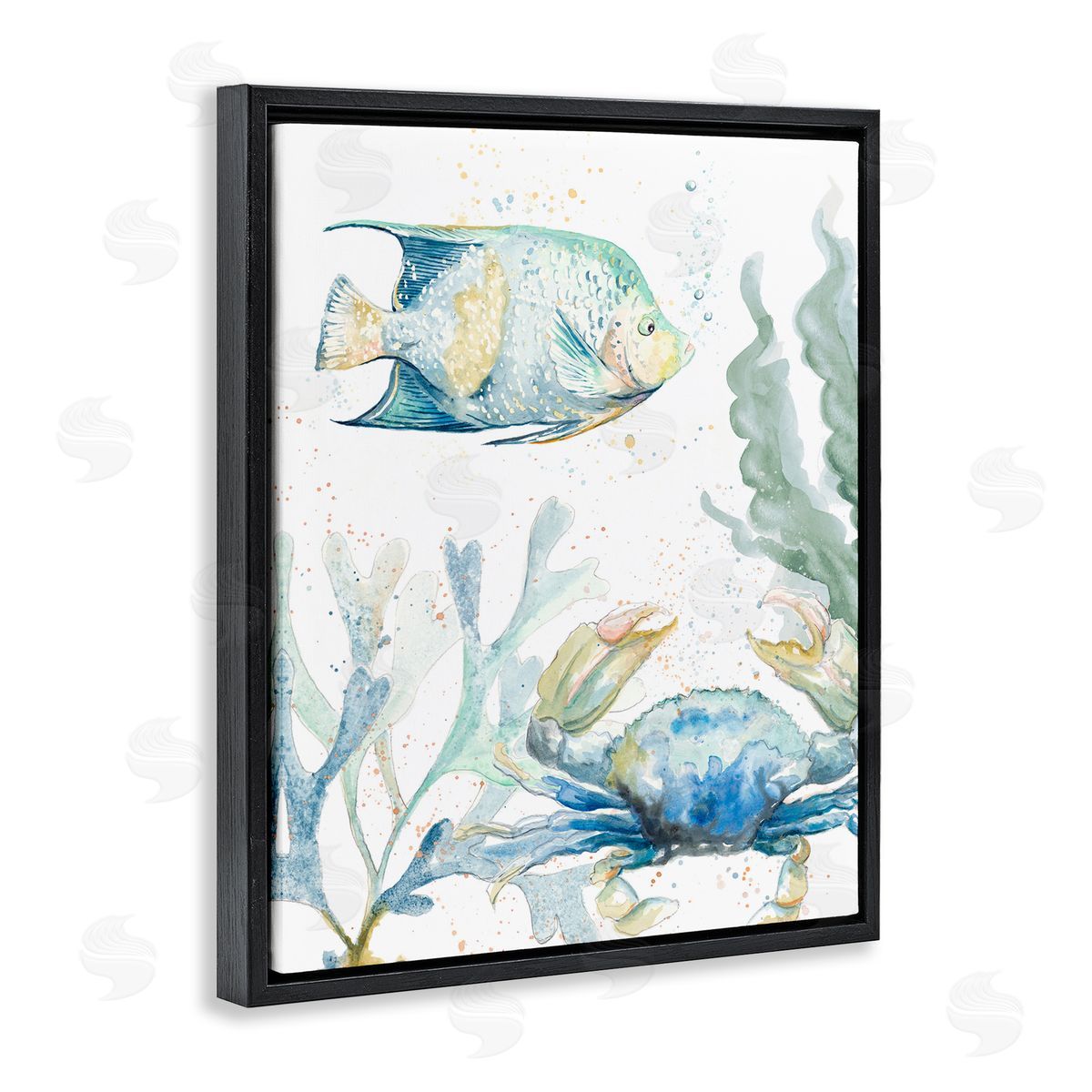 Crab and Fish Scene Black Floating Frame Canvas Wall Art, Home Decor by Patricia Pinto