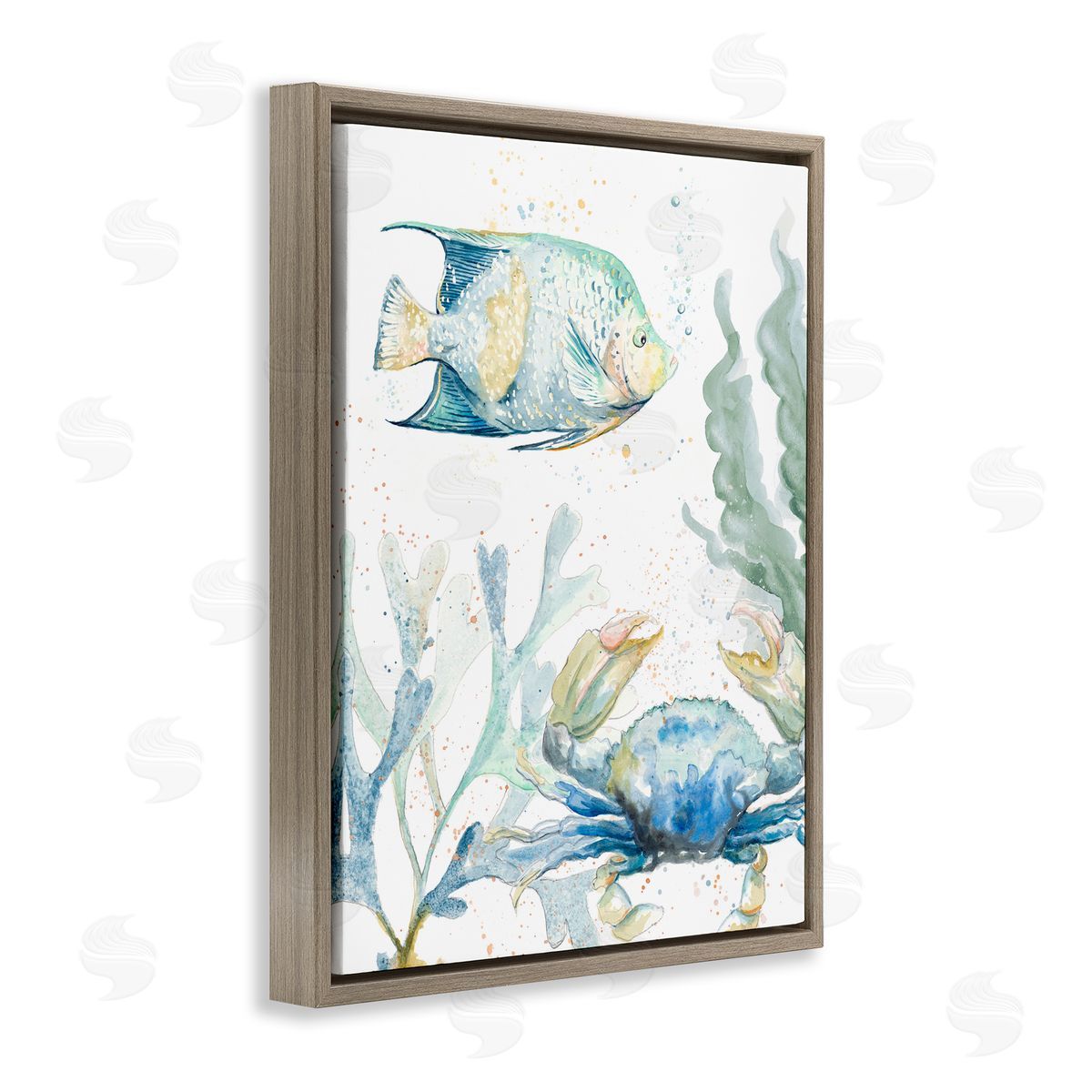 Crab and Fish Scene Brown Floating Frame Canvas Wall Art, Home Decor by Patricia Pinto